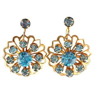 Vintage Gold Tone Floral Blue Rhinestone Dangle Screwback Earrings Not Signed